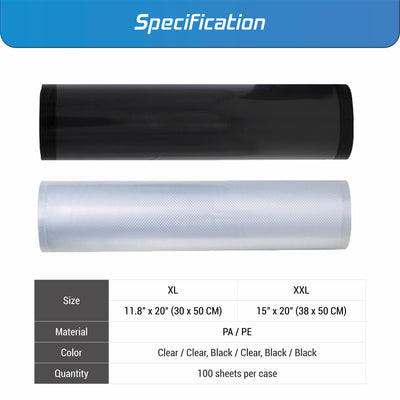 Vacuum Seal Presheet w/ Zipper, Black on Clear XXL 100 ct